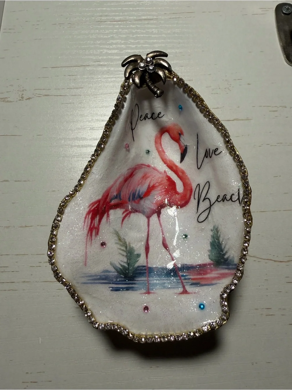 Handcrafted decoupage flamingo oyster shell trinket dish